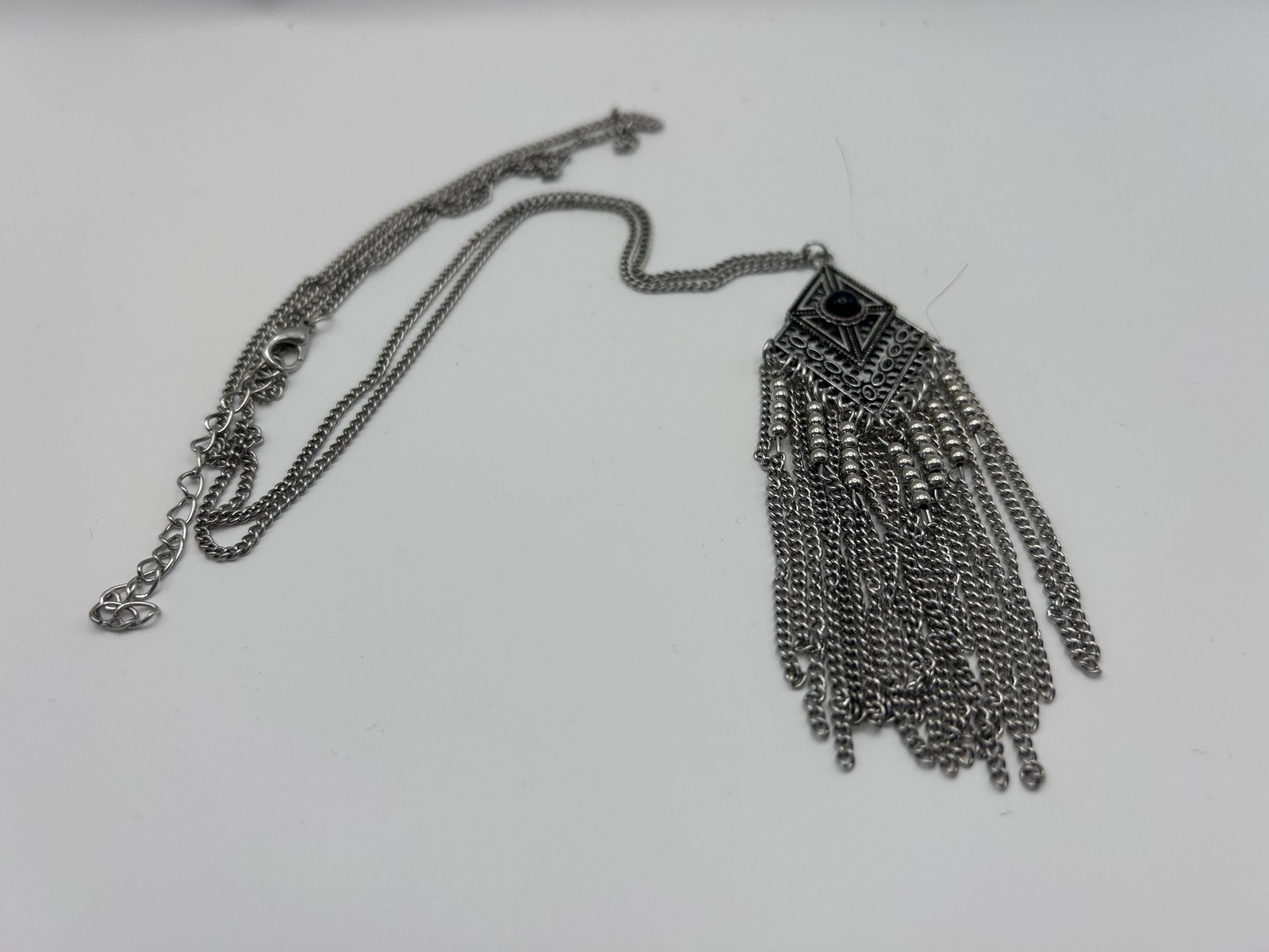 Necklace Silver Tone Geometric Pendant Fringe Tassel Chain Statement 22 Inch