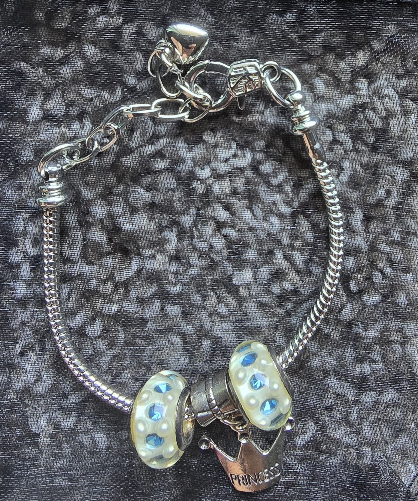 Silver Adjustable Snake Chain Charm Bracelet, Glass Beads, Lobster