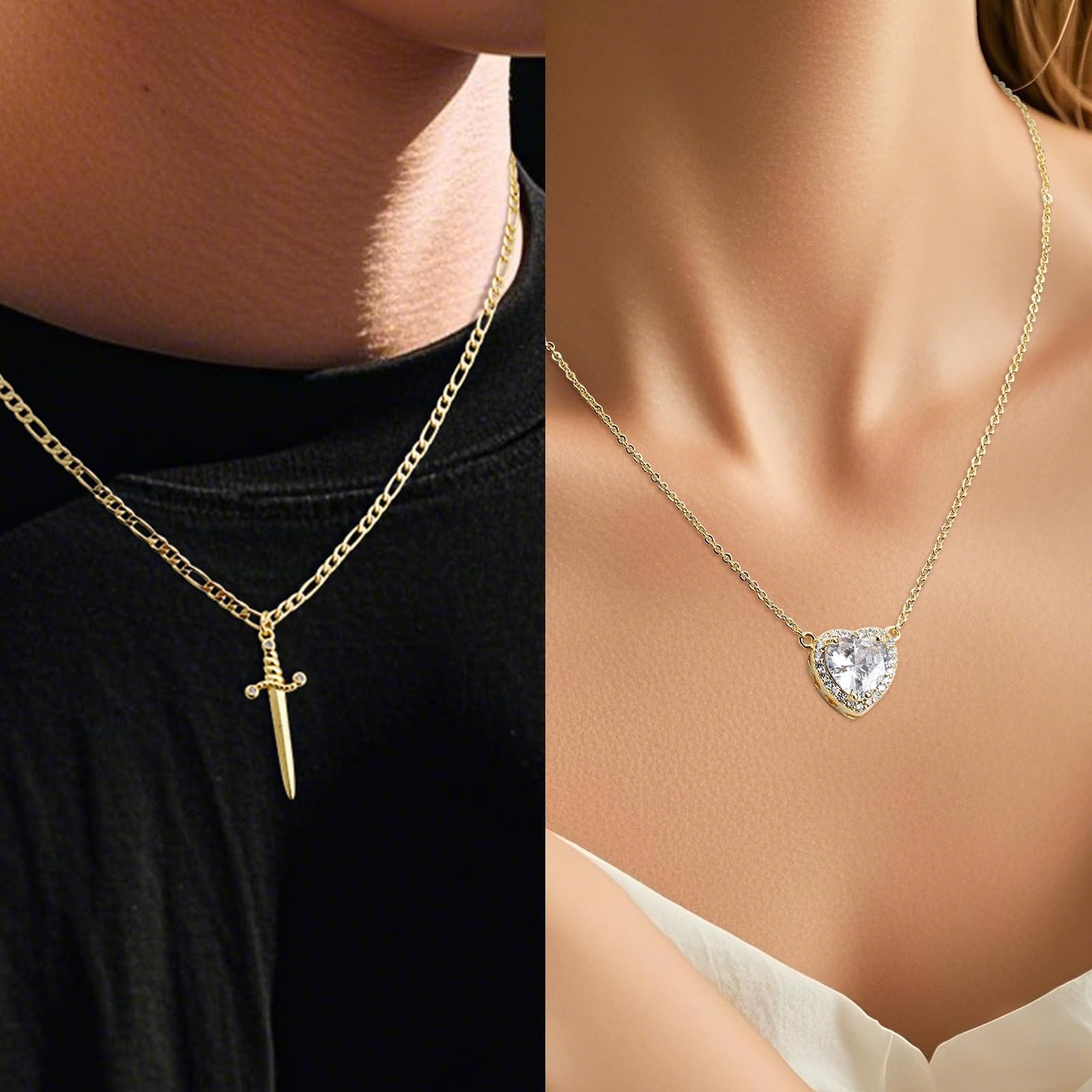 Couples Necklace Set – 14K Gold Plated Sword & Heart, Zirconia Jewelry Gift for