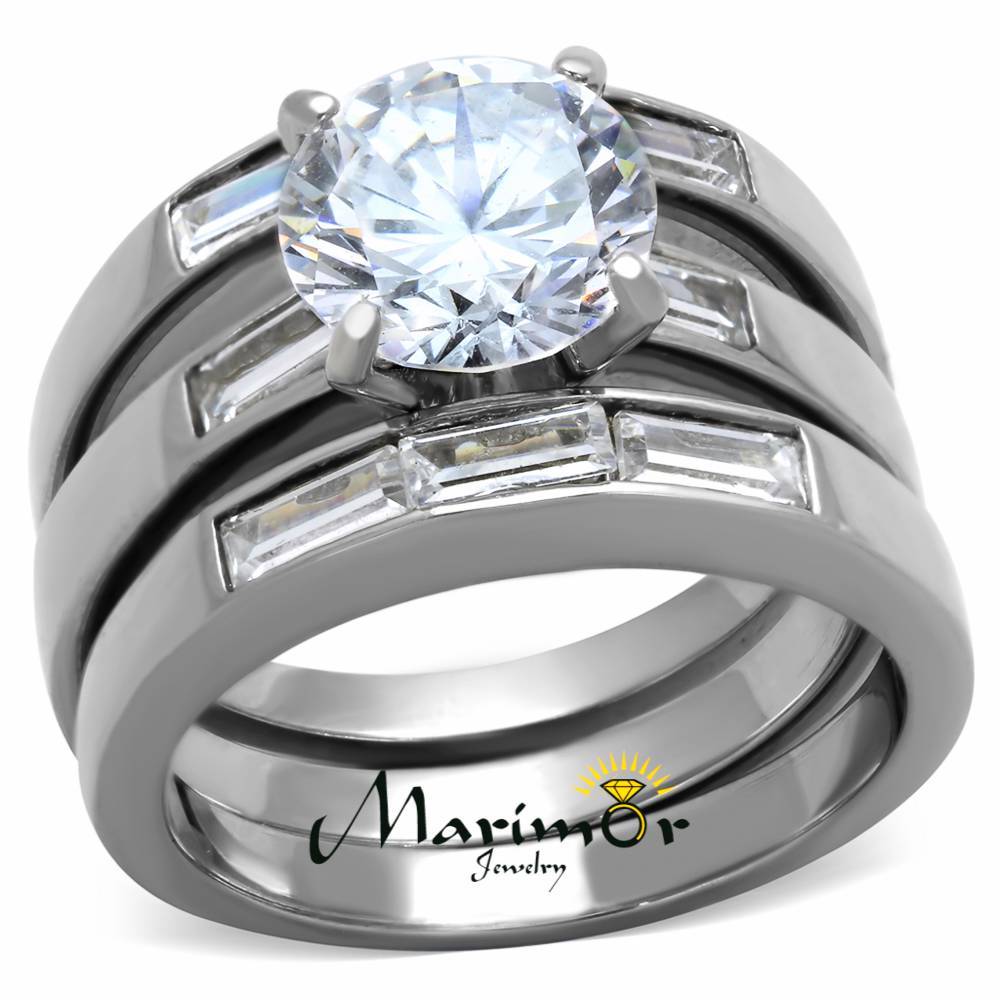 4.35 Ct Cubic Zirconia Stainless Steel Engagement Wedding Ring 3 PC Set Sz 5-10
