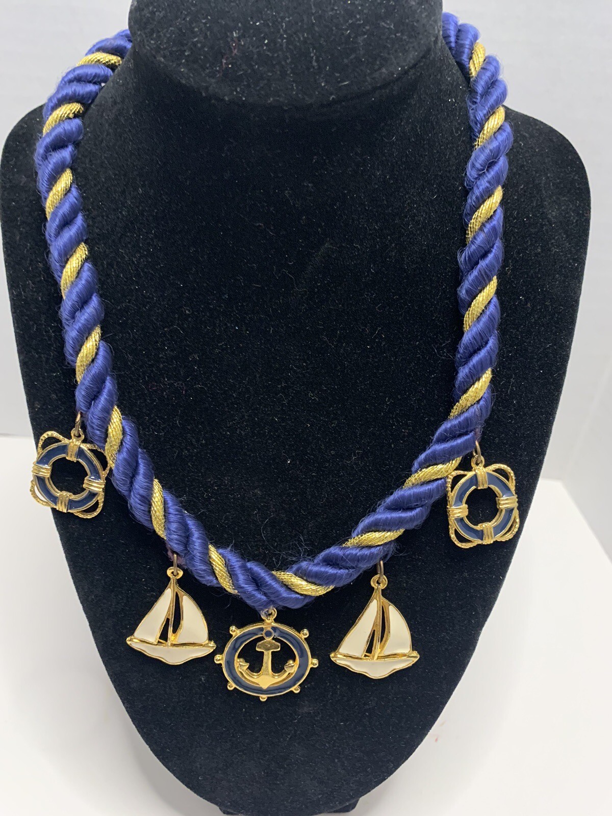 Nautical Navy & Gold Rope Collar Necklace w/ Sailboat & Anchor
