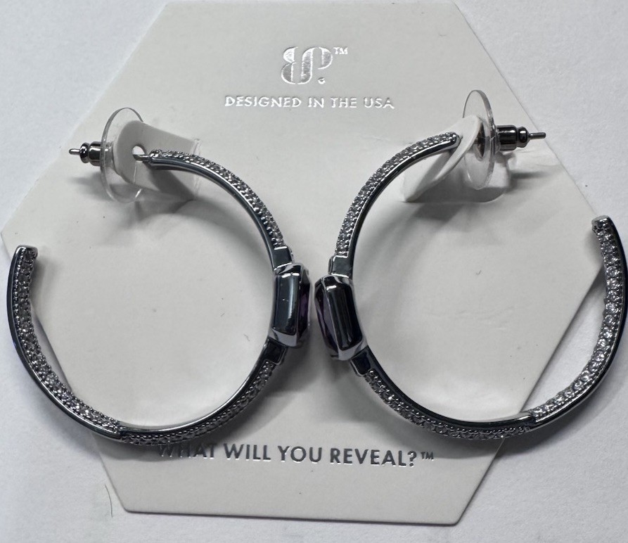 BP Bomb Party The Edge of Sparkle Hematite Plated Amethyst CZ Hoop Earrings Feb