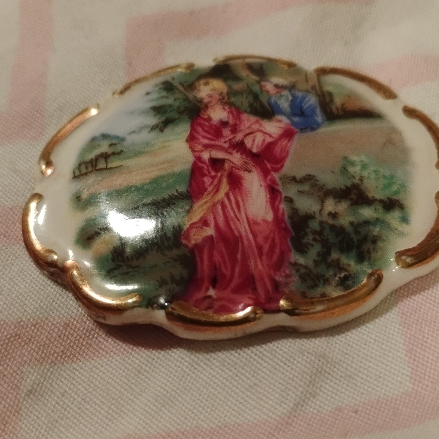 Oval Porcelain & Metal Brooch Pin Multicolor Painted Art Scene, No Stone