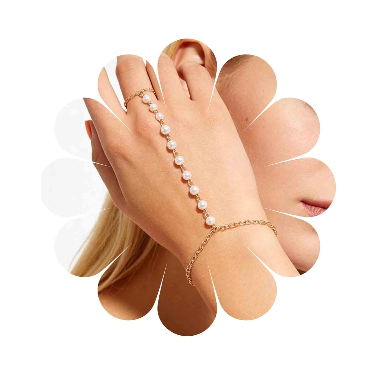 Boho Pearl Slave Bracelet Gold Ring Wrist Pearl Finger Minimalist Hand Chain