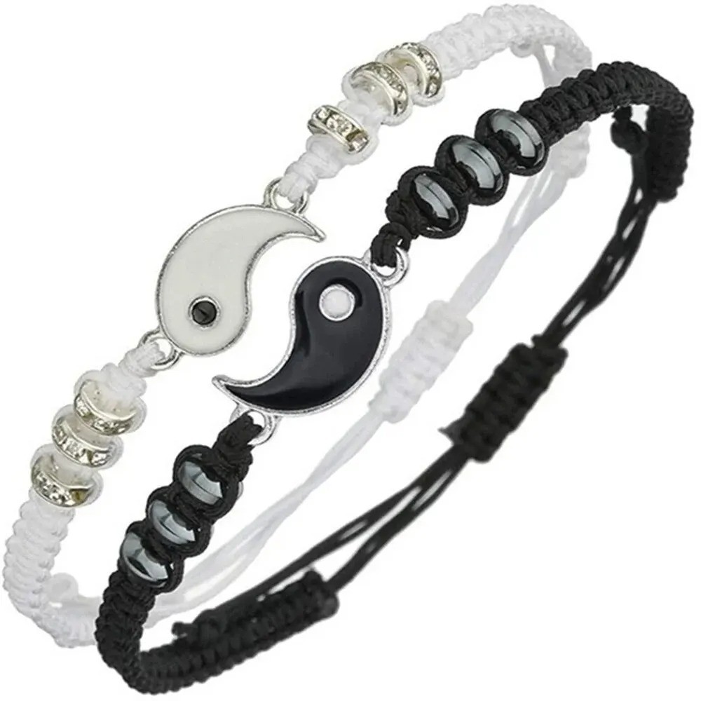 Couple Yin Yang Tai Chi Bracelets Black White Adjustable Rope Jewelry Set