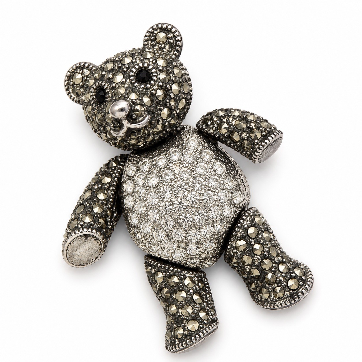 A925 STERLING SILVER MARCASITE TEDDY BEAR MOVEABLE PIN BROOCH BLACK CRYSTAL EYES