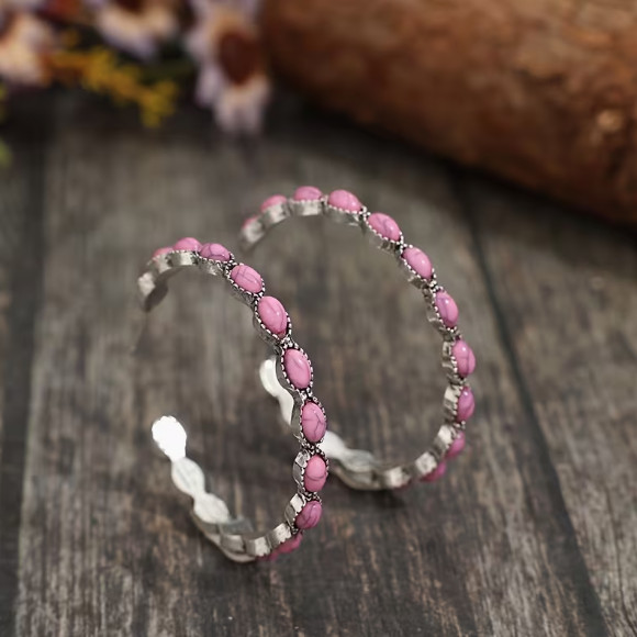 WESTERN- Earrings Beaded Hoop Pink C Shaped Earrings