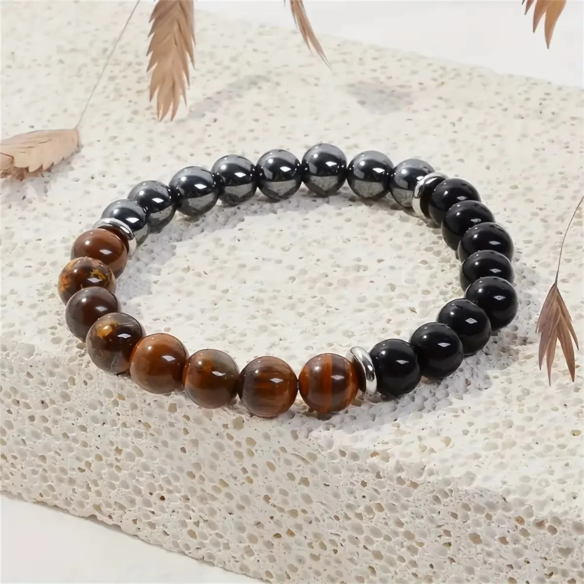 Natural Triple Protection Stretch Bracelet 8mm Tiger Eye Black Obsidian Hematite