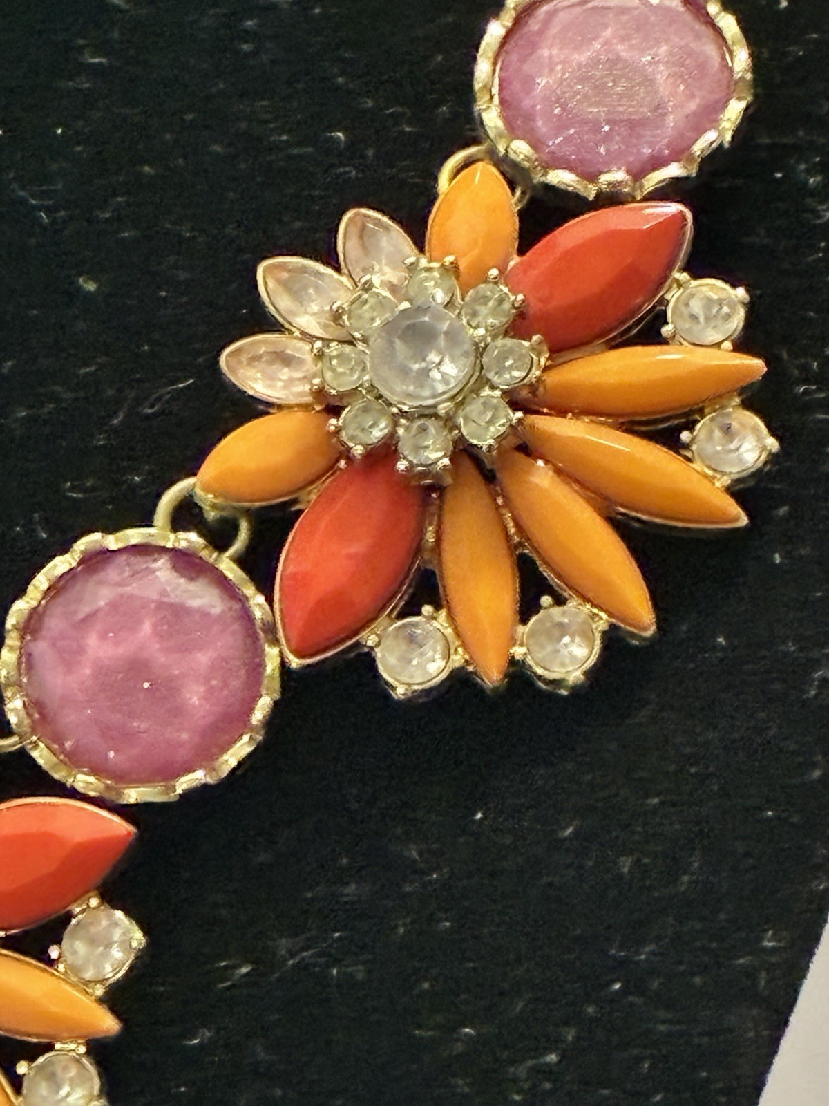 Chunky Floral Bib Statement Necklace Gold Tone Orange Pink Rhinestone Flower 20″