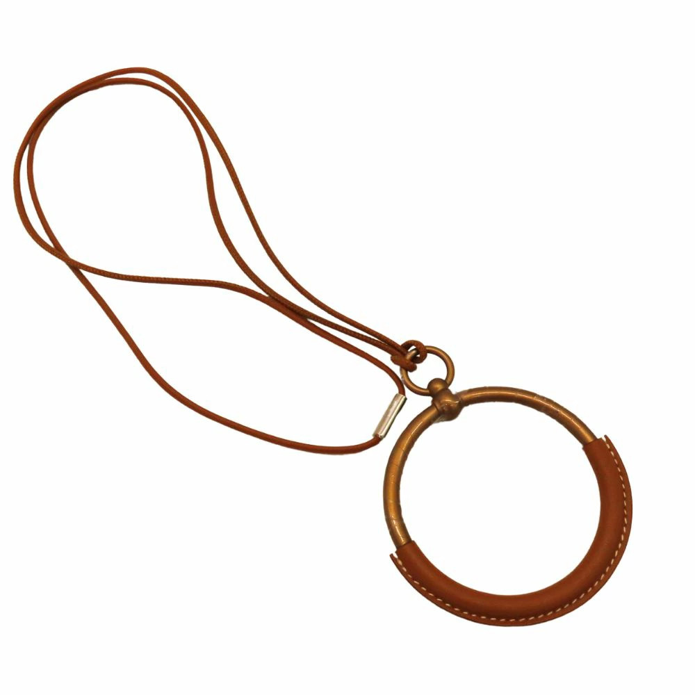 Used Hermes Loop Grand Pendant Gold Vaux Swift Aluminum Necklace Brown Tea Acces