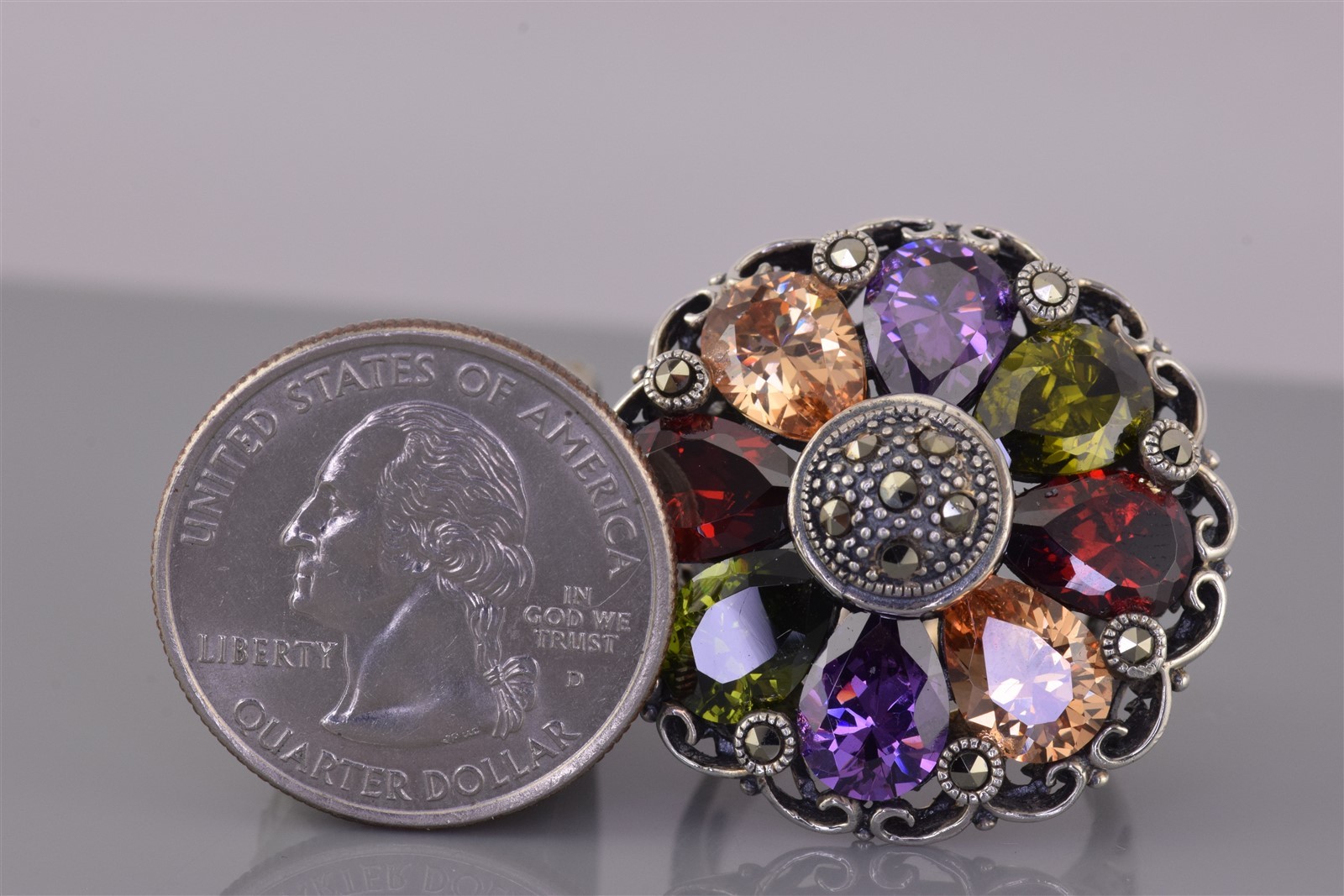 Sterling Silver 30mm Colorful Pear Cut Flower Statement Band Ring 14g 925 Sz: 9
