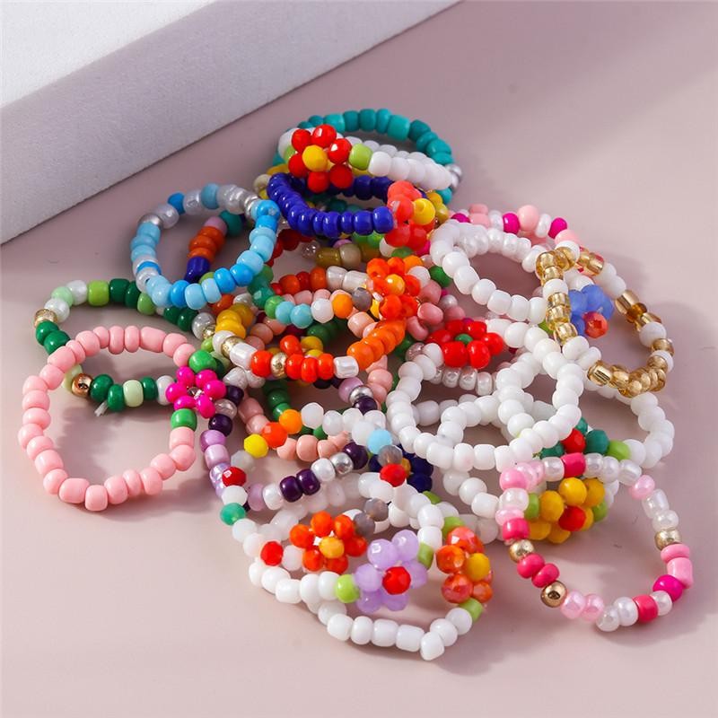 Bohemian Handmade Colorful Flower Beaded Ring Set for Women Beach Jewelry Gift