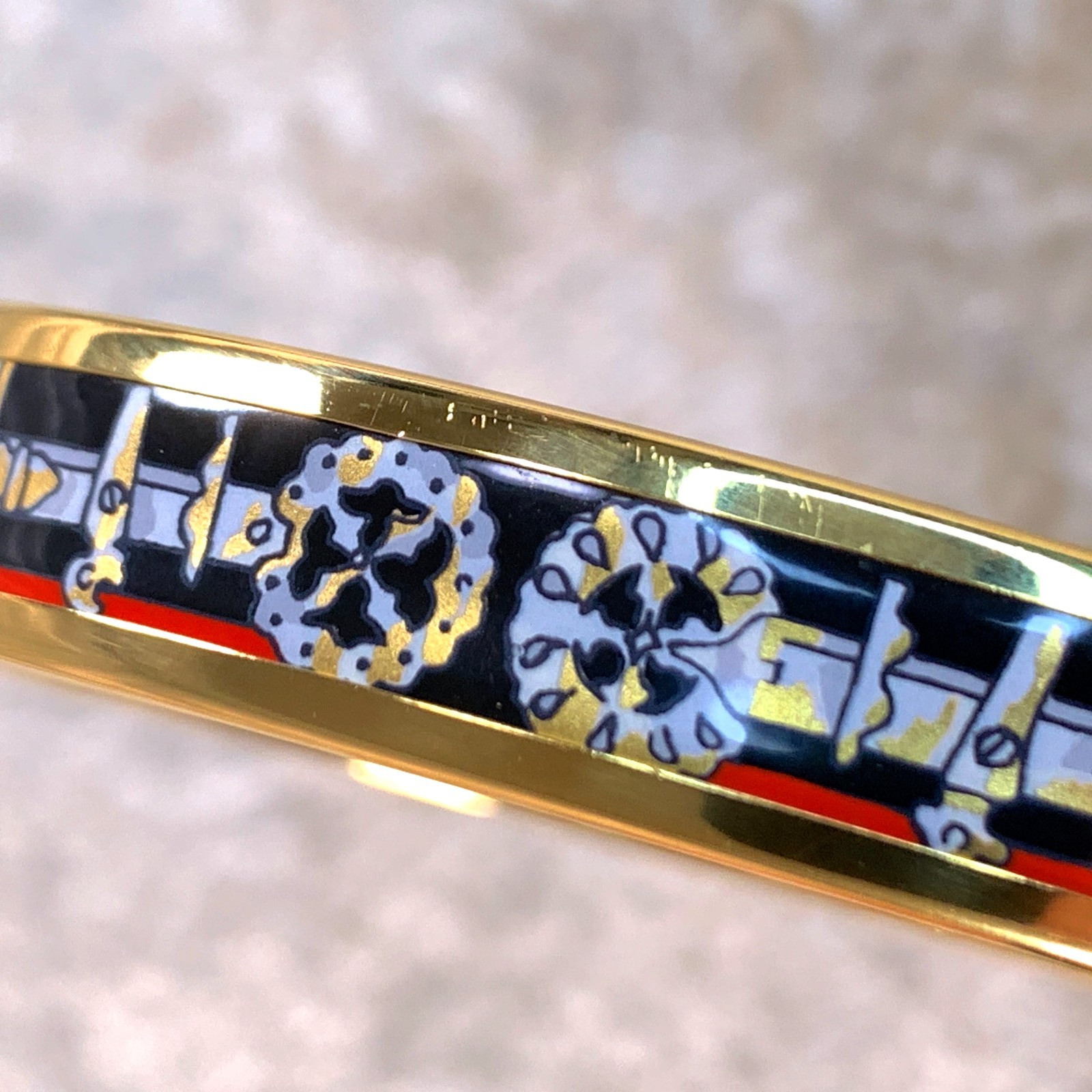 Vintage Hermes Bangle Bracelet Black Red Enamel Gold Rim Size 70 with Box