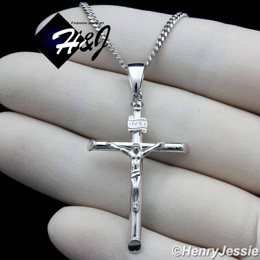 20″MEN 925 STERLING SILVER 2MM MIAMI CUBAN CURB CHAIN JESUS CROSS PENDANT*SP213