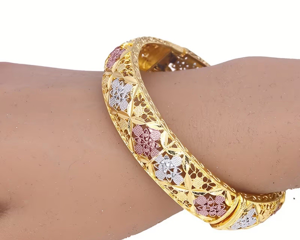 Award Winning Golden Plated Tri-Color Bohemian Bangle – Gold, Silver, Rose Gold