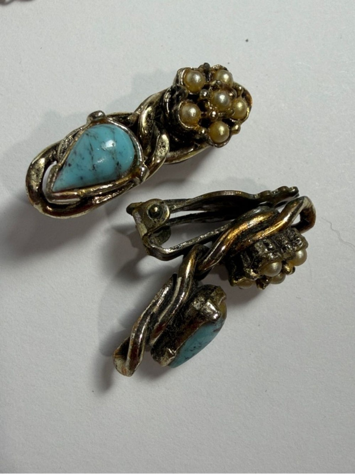 Vintage Gold Tone Faux Turquoise Coral Cabochon Bracelet Earring Set BOHO