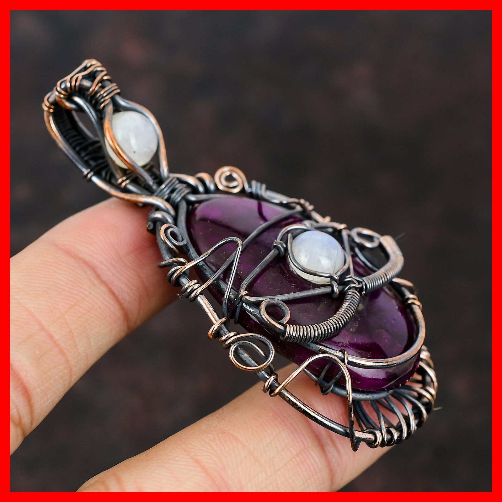 Natural Pink Fire Labradorite Rainbow Moonstone Art Deco Pendant Jewelry Copper