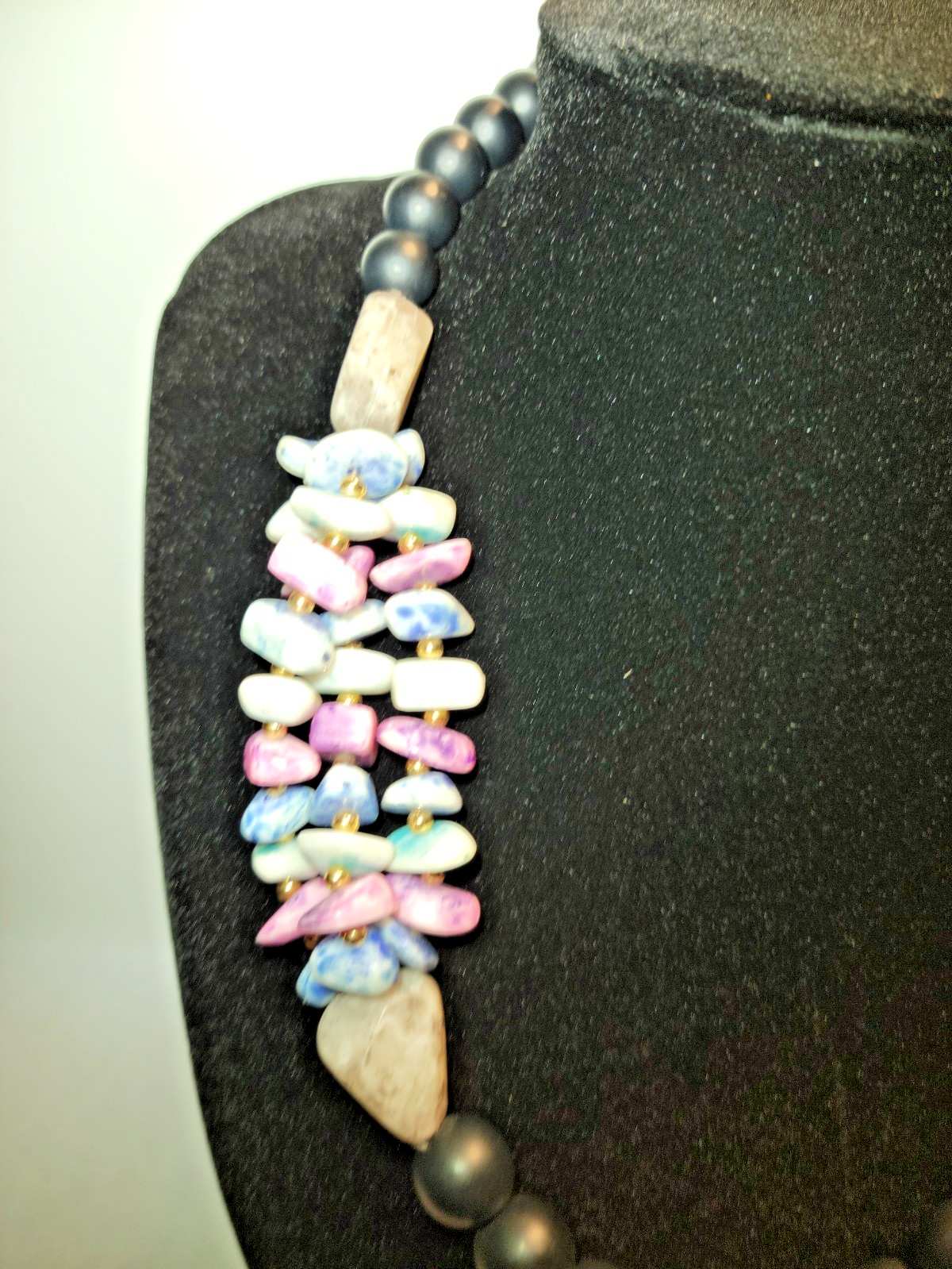 Handmade Beaded Statement Necklace with Multi-Color Stone Accents & Dark Beads