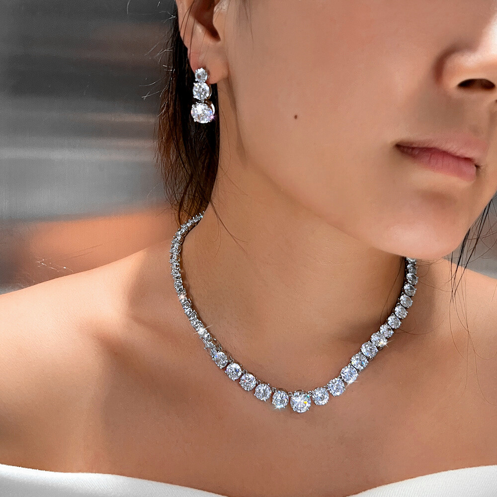 Round Cubic Zirconia Tennis Necklace Earrings Silver Plated Wedding Jewelry Set