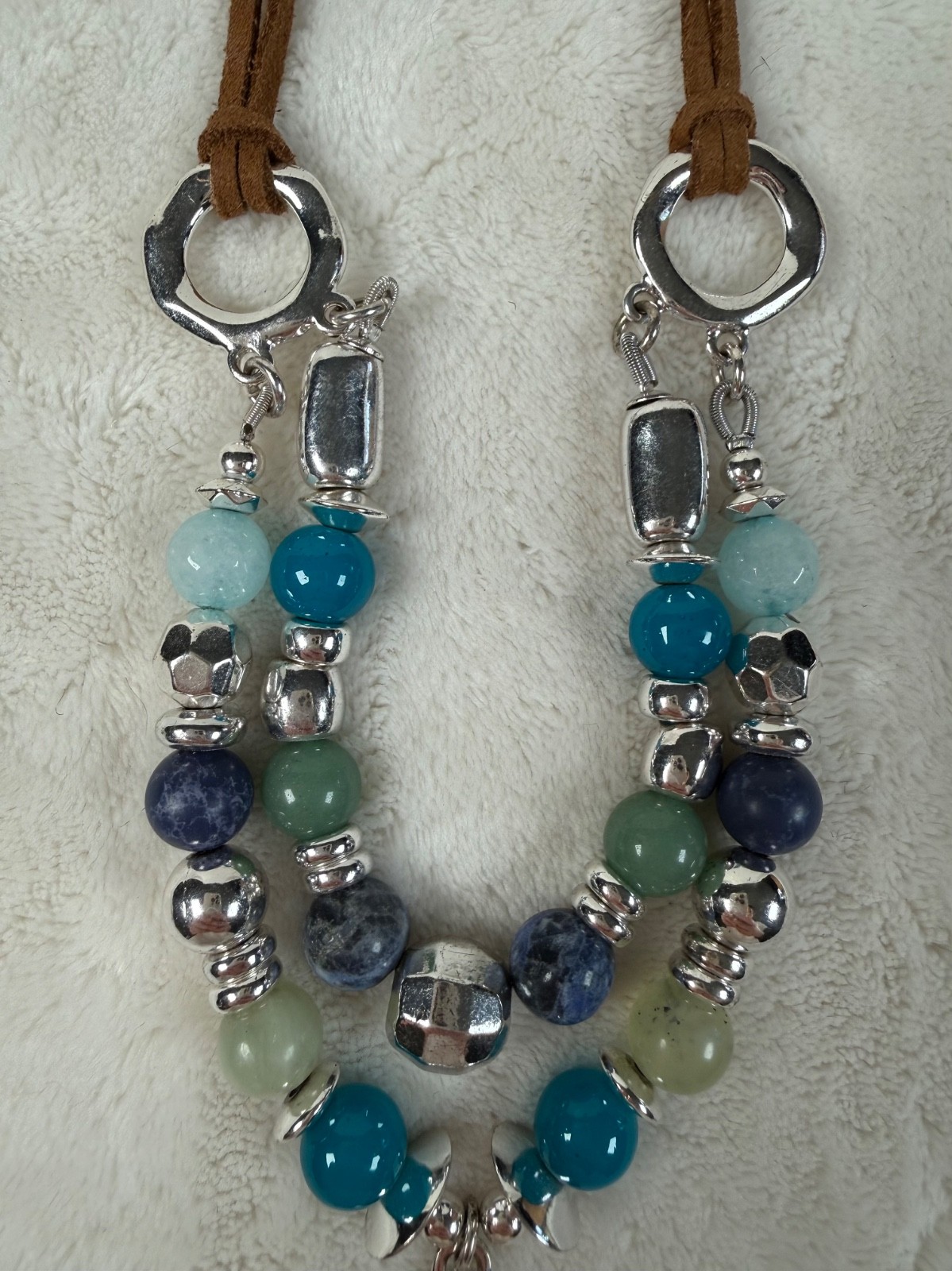 Boho Beaded Statement Necklace Brown Suede Cord Blue Green Beads Silver Pendant