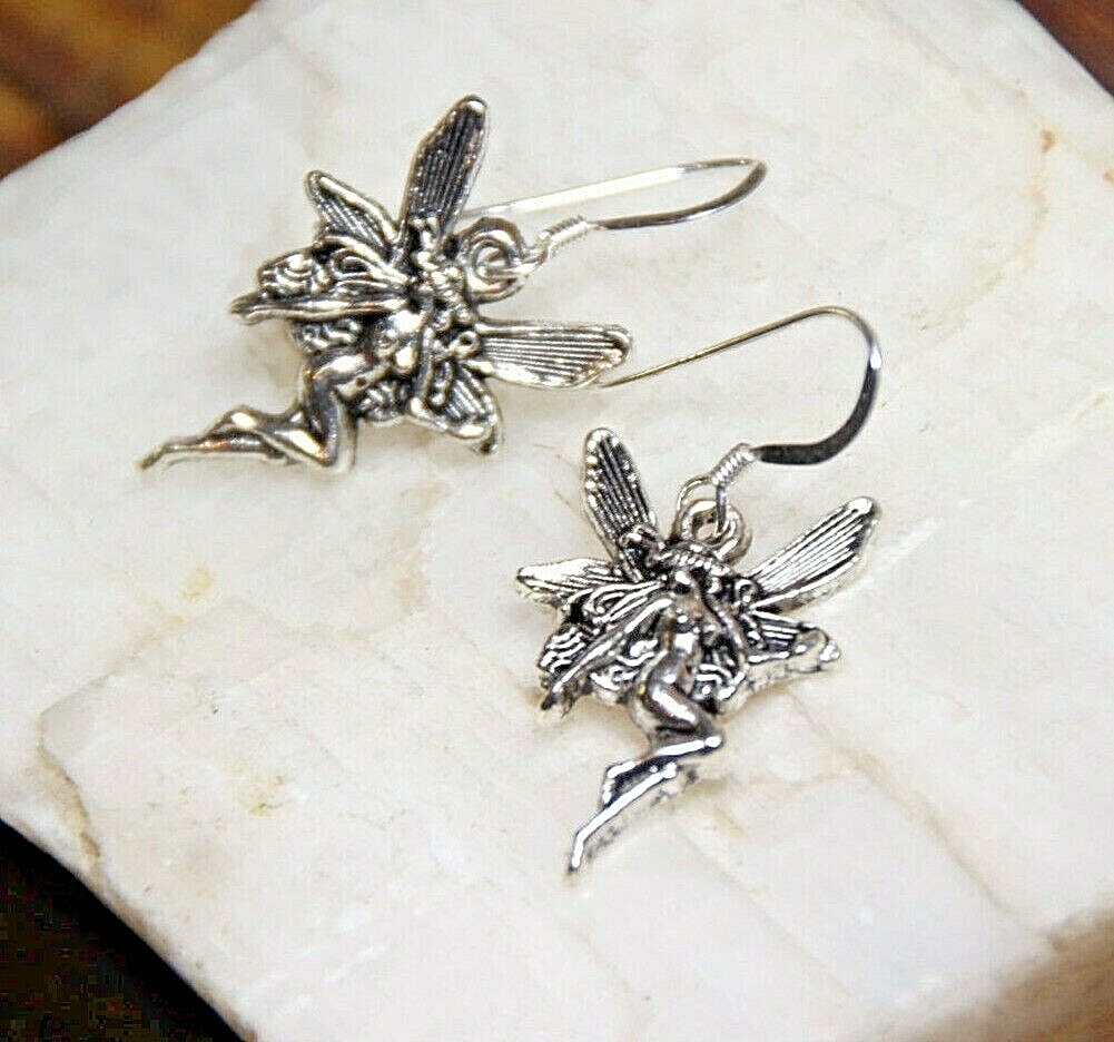 Fairy Earrings tiny Angel Fantasy fairie 925 sterling silver hooks pewter charms