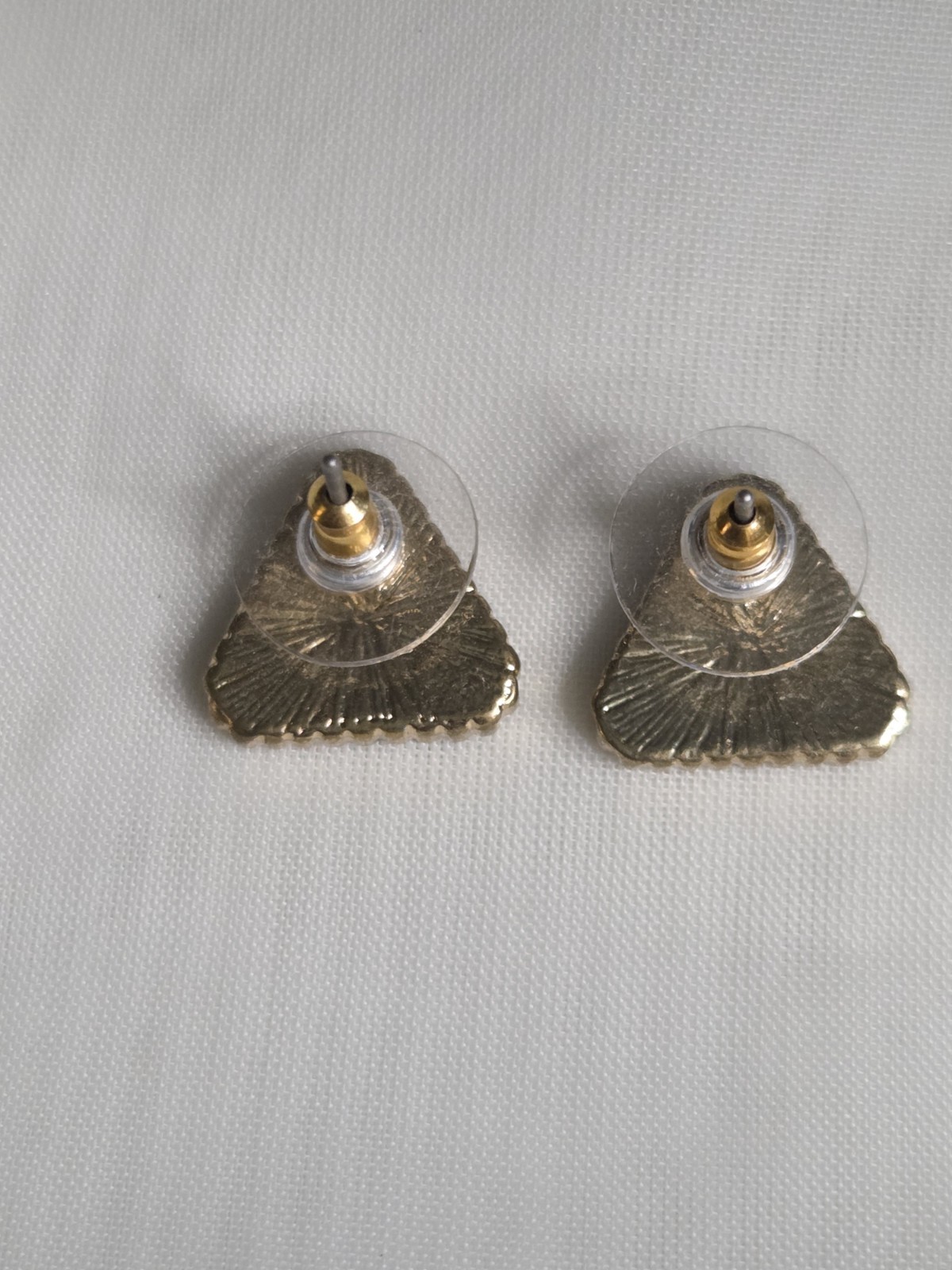 Triangle Stud Earrings Black & Gold Tone Beaded Border Butterfly Back 0.5 in