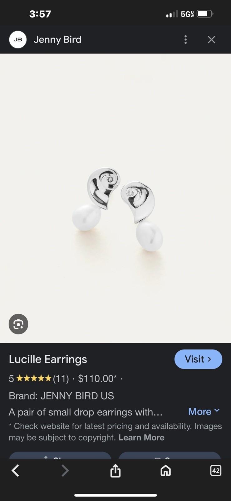 Jenny Bird Lucille Pearl Drop Earrings in High Polish Silver NIB $110
