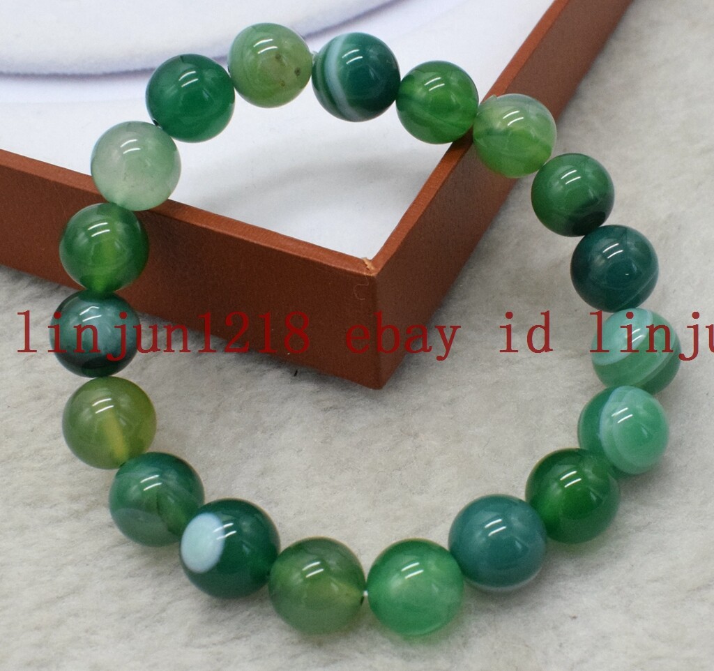 8mm 10mm 12mm Natural Green Striped Agate Round Gemstone Bracelet 7.5” AAA