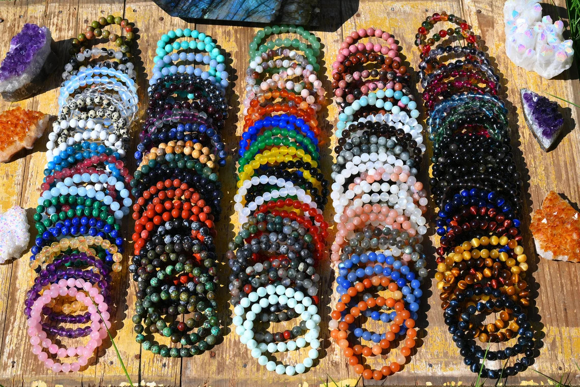 Handmade 15Pcs Mixed Natural Gemstone Round Beads Stretchy Bracelet Reiki Chakra