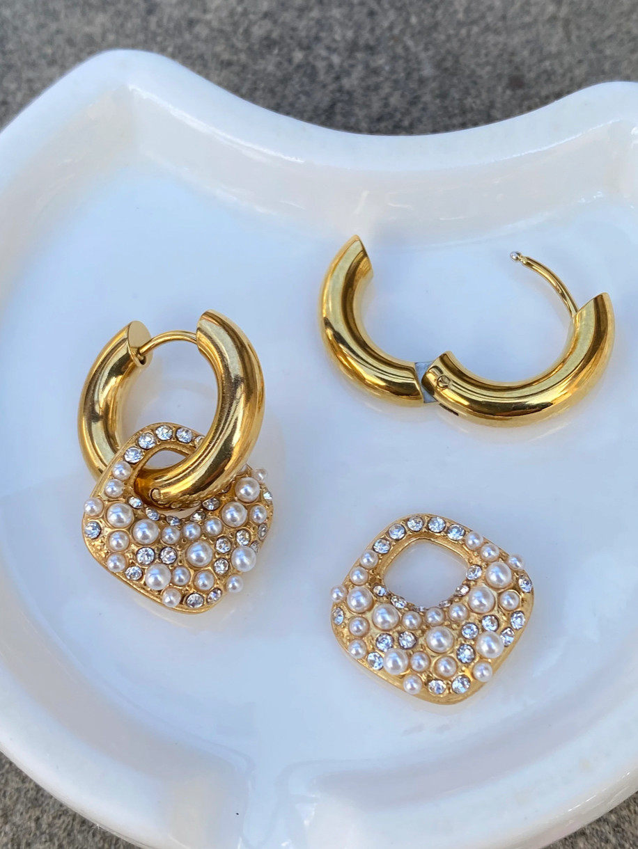 Gold Plated Stainless Steel CZ Pearl Dangle Drop Sparkle Earrings