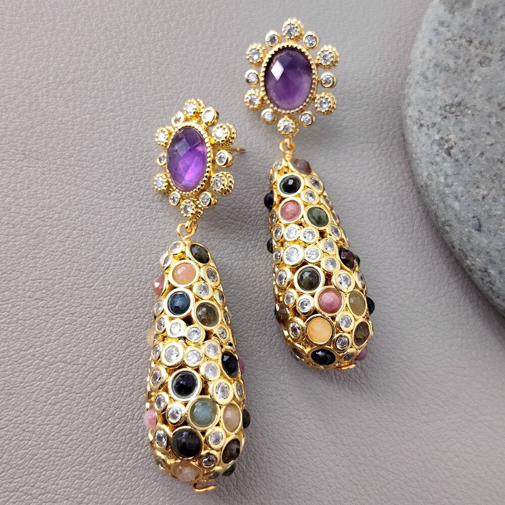 Gold Plated Amethyst Tourmaline Gemstone Dangle Stud Earrings Trendy Jewelry