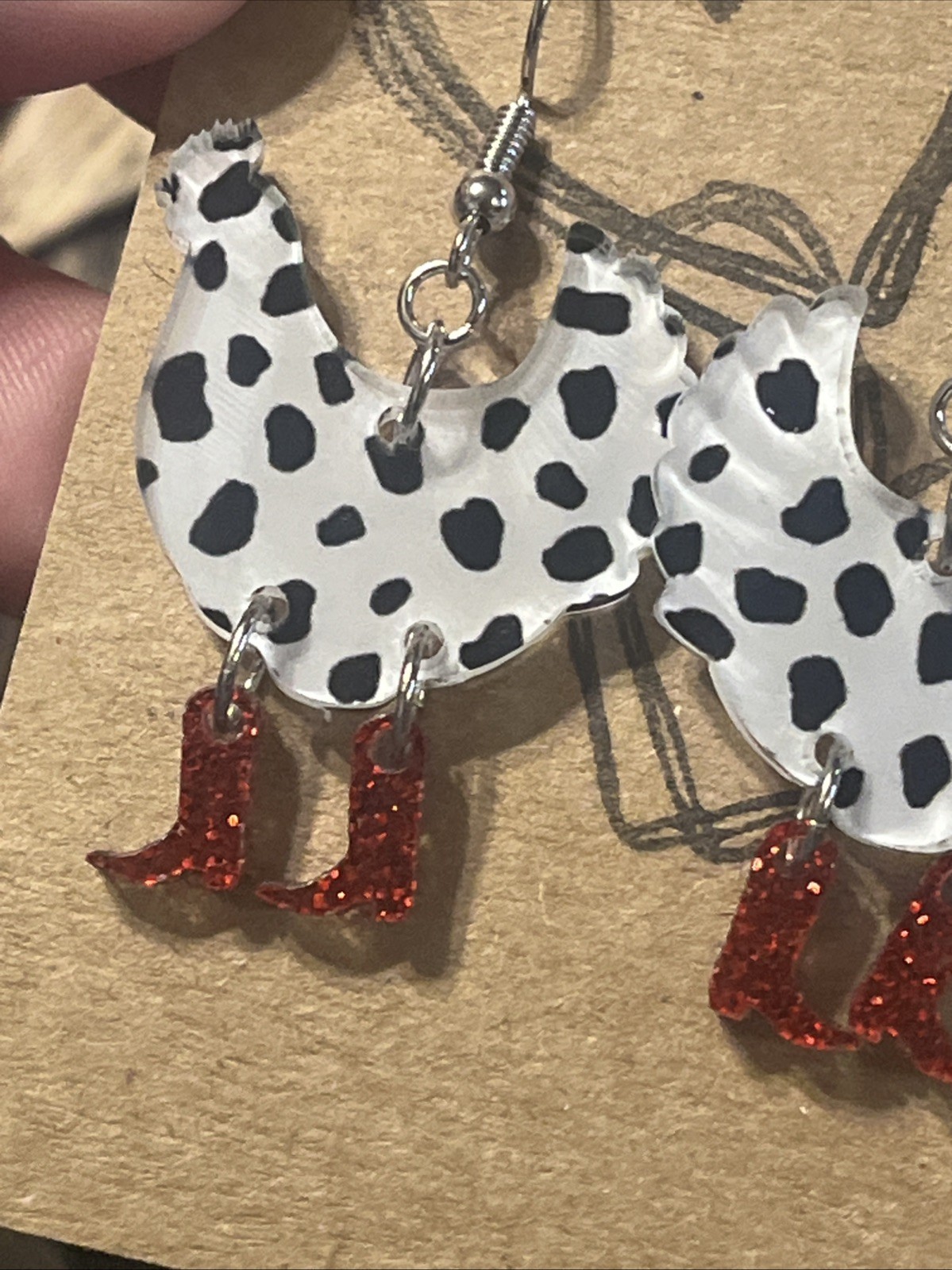 Black & White Chicken & Red Boots Earrings