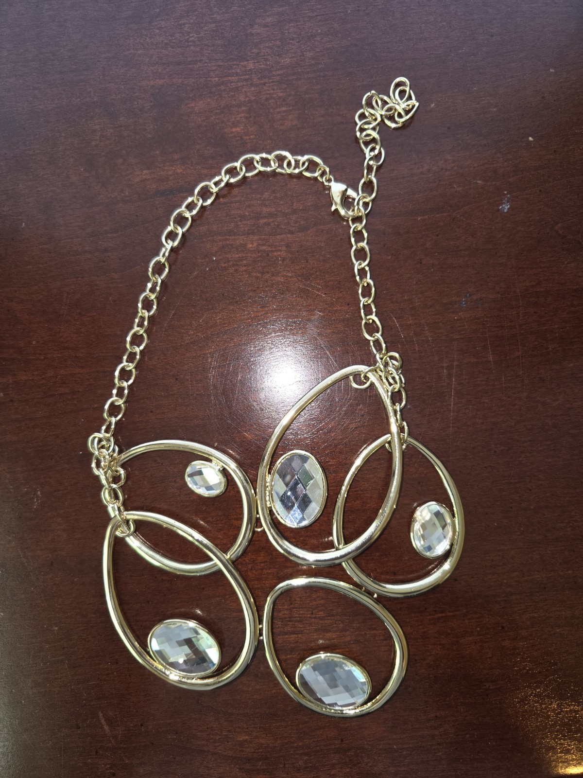 Gold Tone Statement Pendant Necklace 5 Oval Clear Crystals Bezel Adjustable