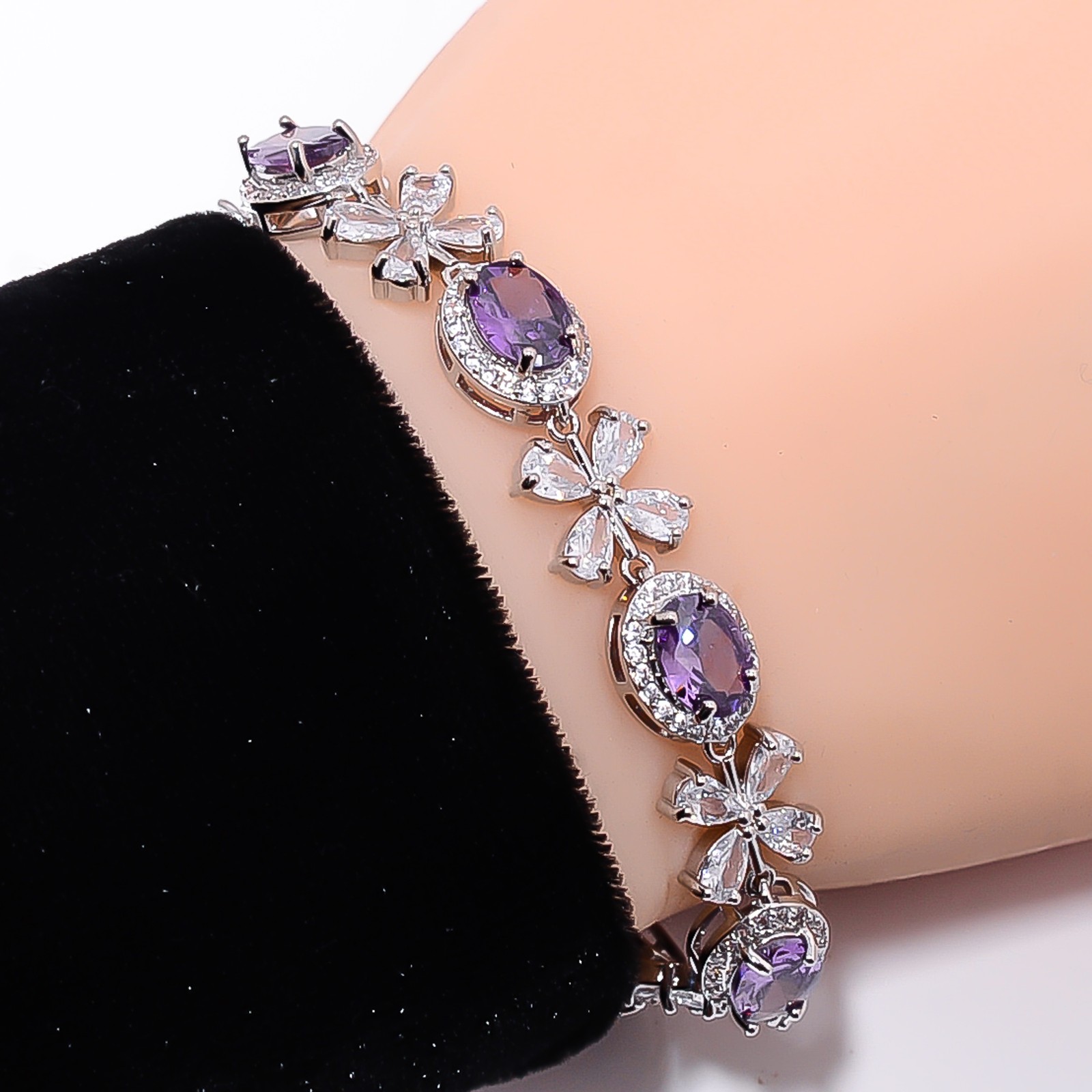 Purple Amethyst, CZ 925 Sterling Silver Adjustable Bracelet 7-8″ B130216