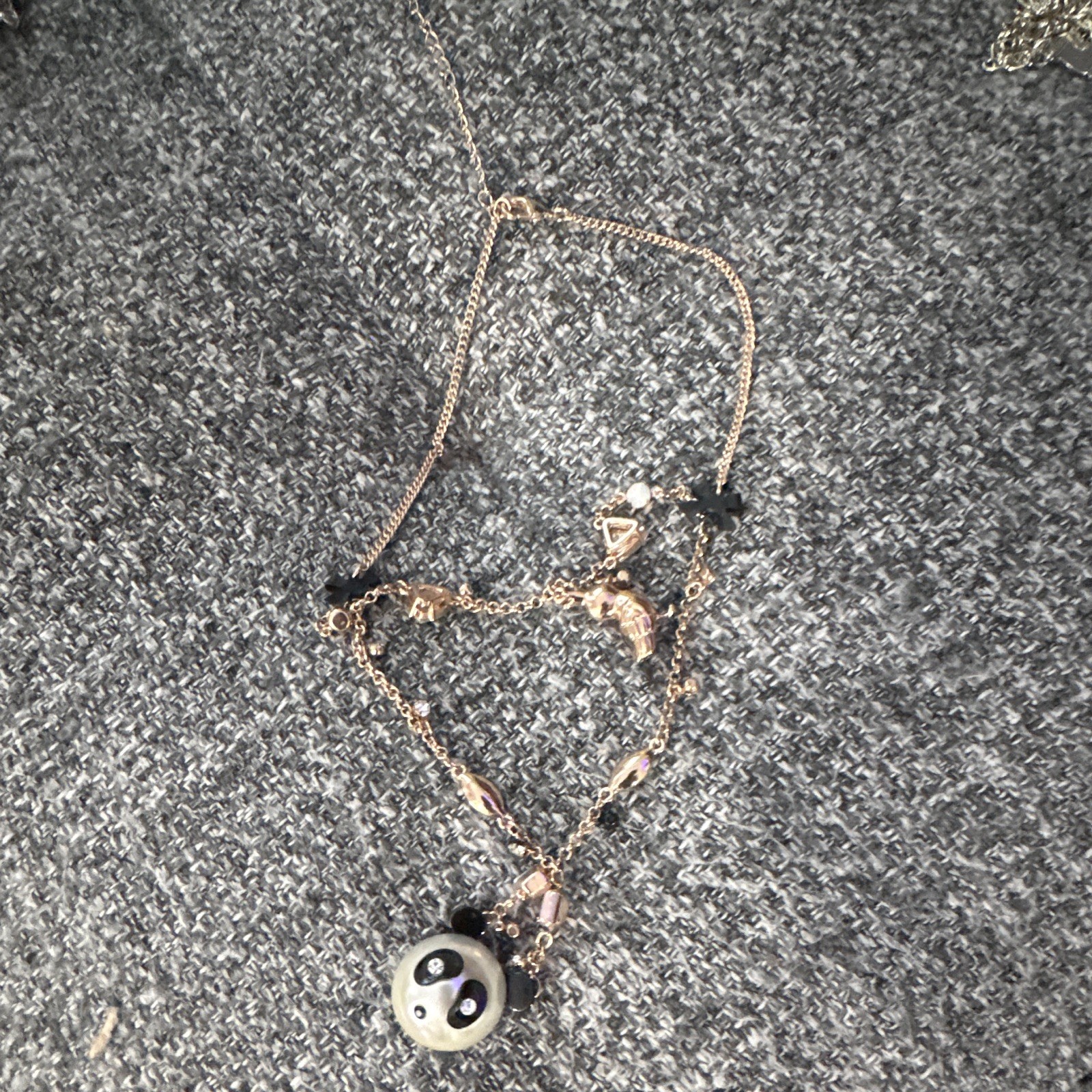 Vintage Betsey Johnson Panda Bear Layered Necklace Faux Pearl Crystal Charm