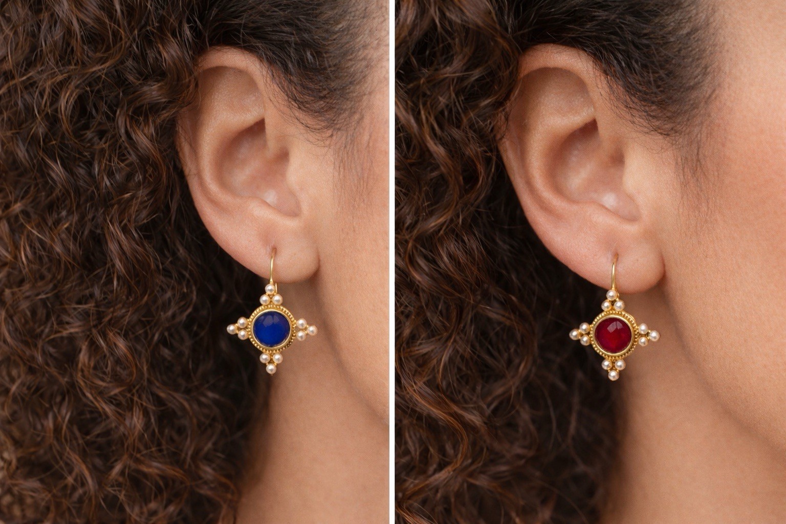 Museum Earrings Blue Pearl Red Green Mix Match Gold Flower Court VTG Floral VTG