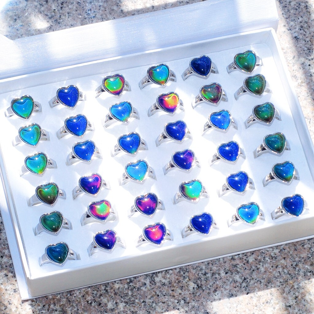 Wholesale 30 Heart Mood Rings Mix Women Silver Plated Change Color Finger Charms