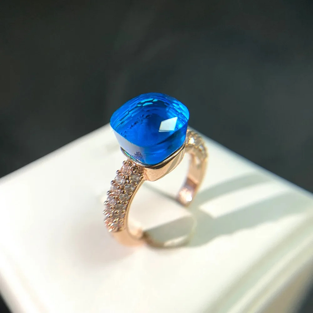 Cocktail Ring Square Zircon Crystal 10mm Gold Plated Colorful Stone Jewelry