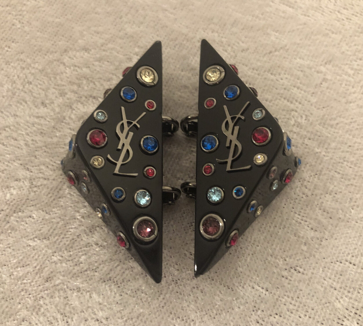 New Saint Laurent Crystal Monogram YSL Logo Triangle Clip On Earrings $495.00