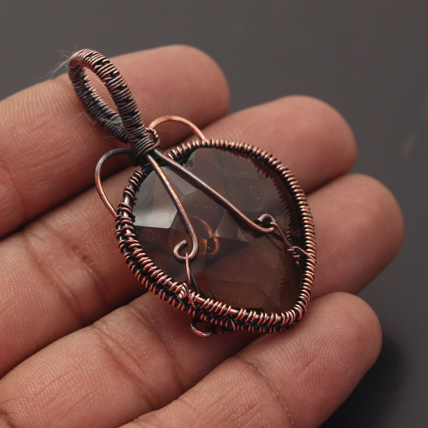 Smoky Quartz Gemstone Copper Wire Wrapped Handmade Pendant Jewelry Gift For Her