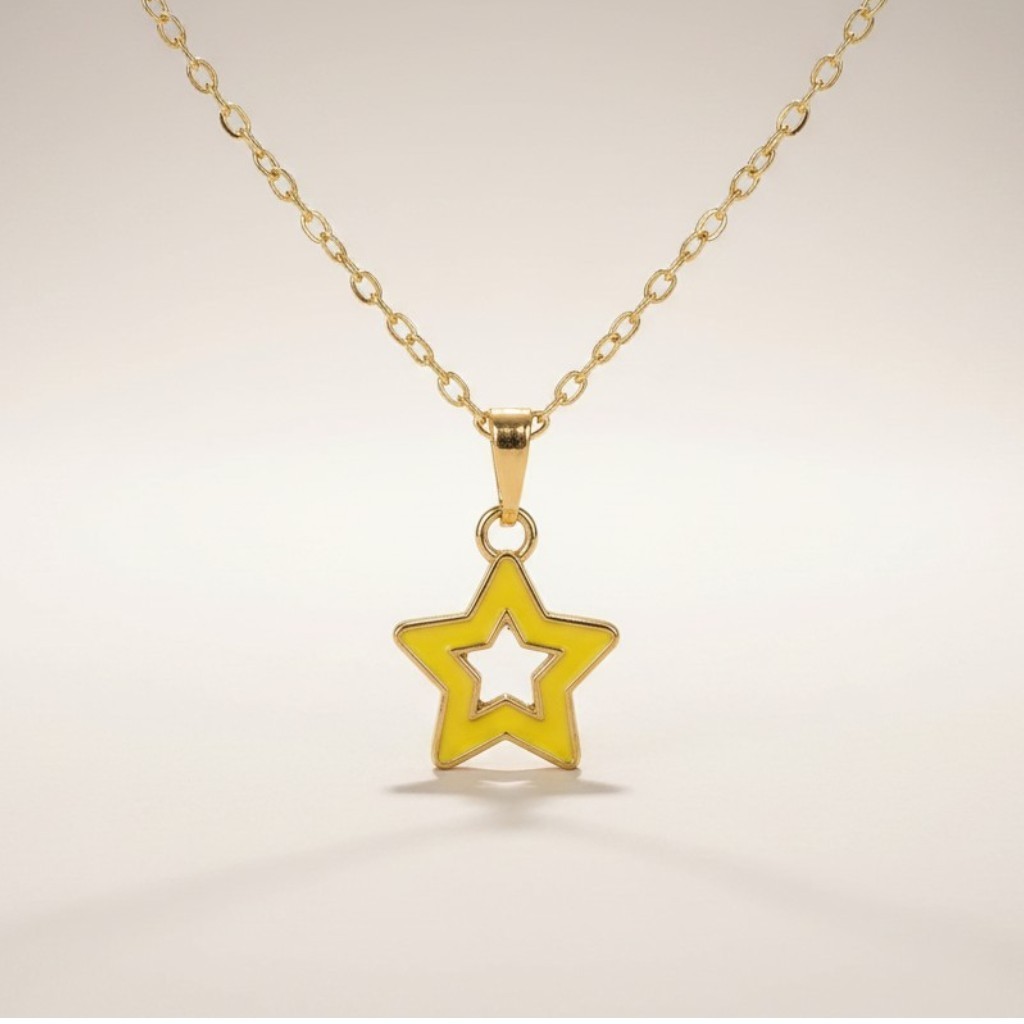 Small Hollow Yellow Star With Gold Trim Pendant Necklace