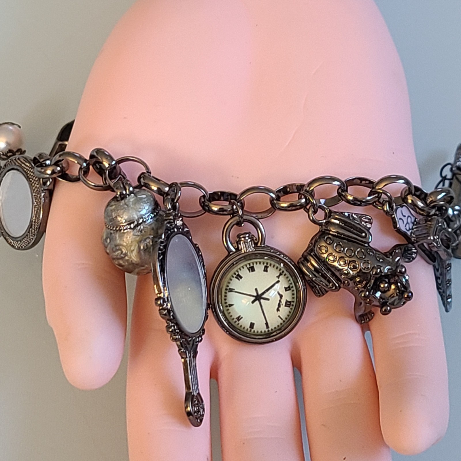 10″ Whimsical Fairytale Charm Bracelet Gunmetal Tone Teapot Frog Mirror Shoe Key