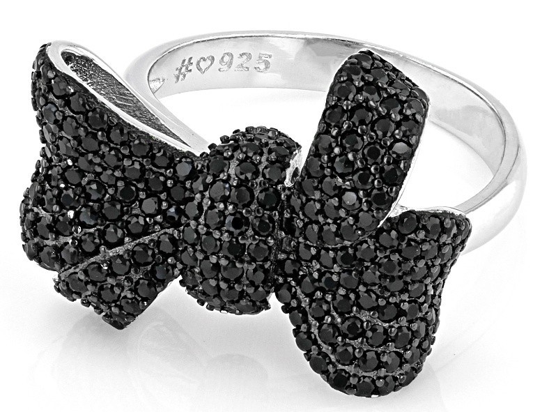 Black Spinel Rhodium Over Sterling Silver Bow Ring 1.40ctw SZ 8 New In Box