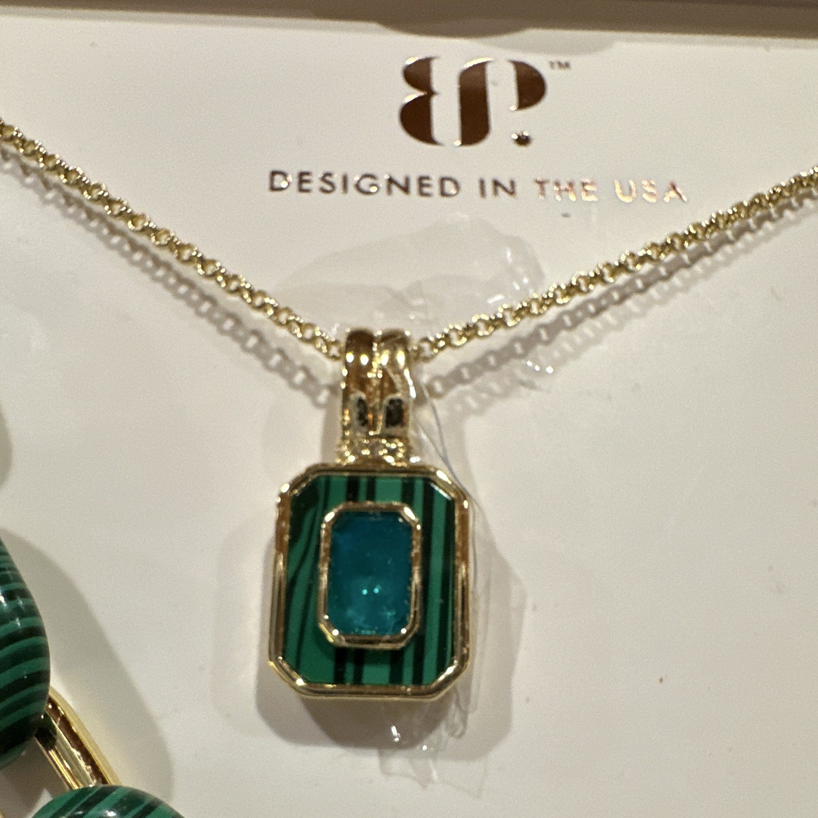 BP Lab-Created Green Paraiba Tourmaline Quartz CZ Malachite Gold Necklace Set