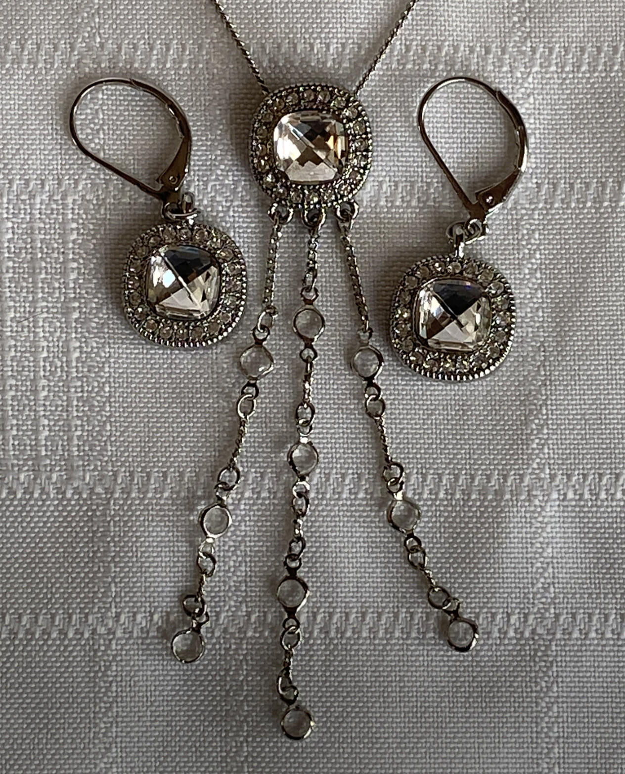 Lia Sophia Bella Donna Necklace 15-18” Earrings Silver Tone Rare Set Cz Wow!