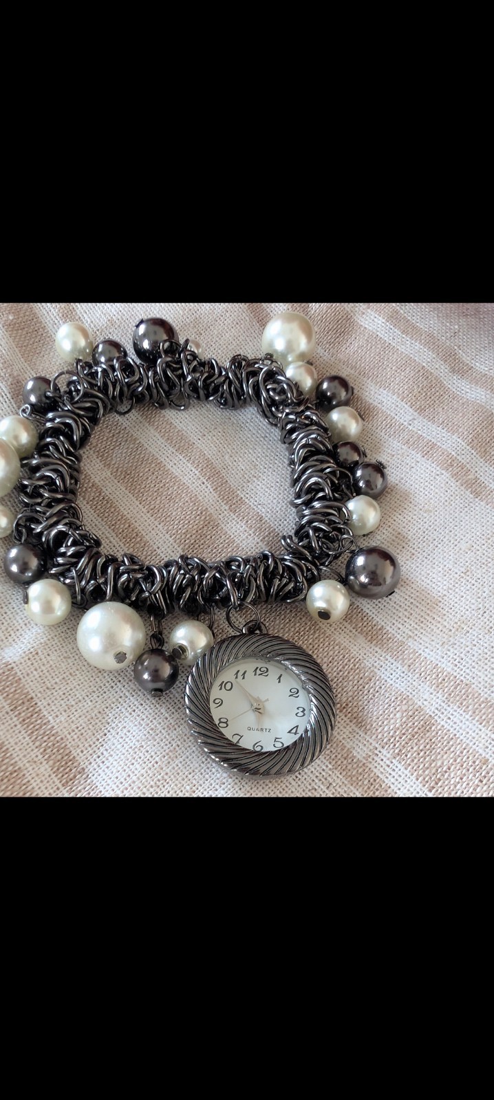 Silver Beaded Charm Stretch Bracelet with Dangle Charm Quartz Watch