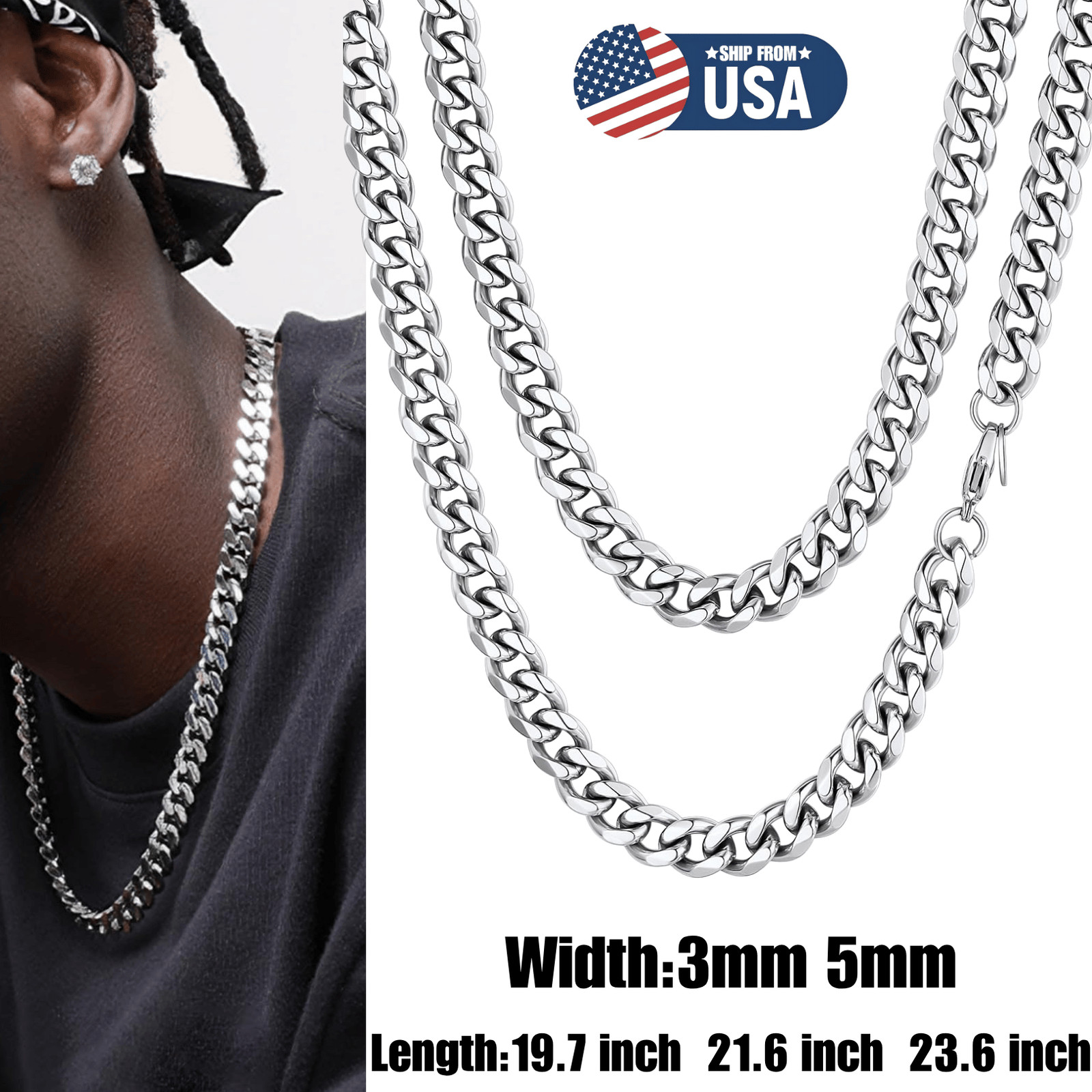Stainless Steel Cuban Link Chain Necklace Men Chunky Curb Silver Tone Jewelry US