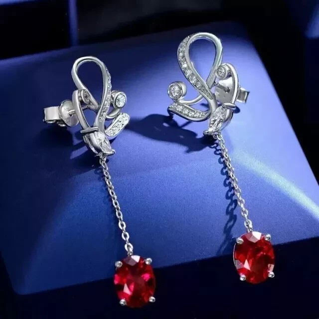 Simulated Red Ruby 2Ct Oval Cut Drop Dangle Earrings In 14K White Gold Plated