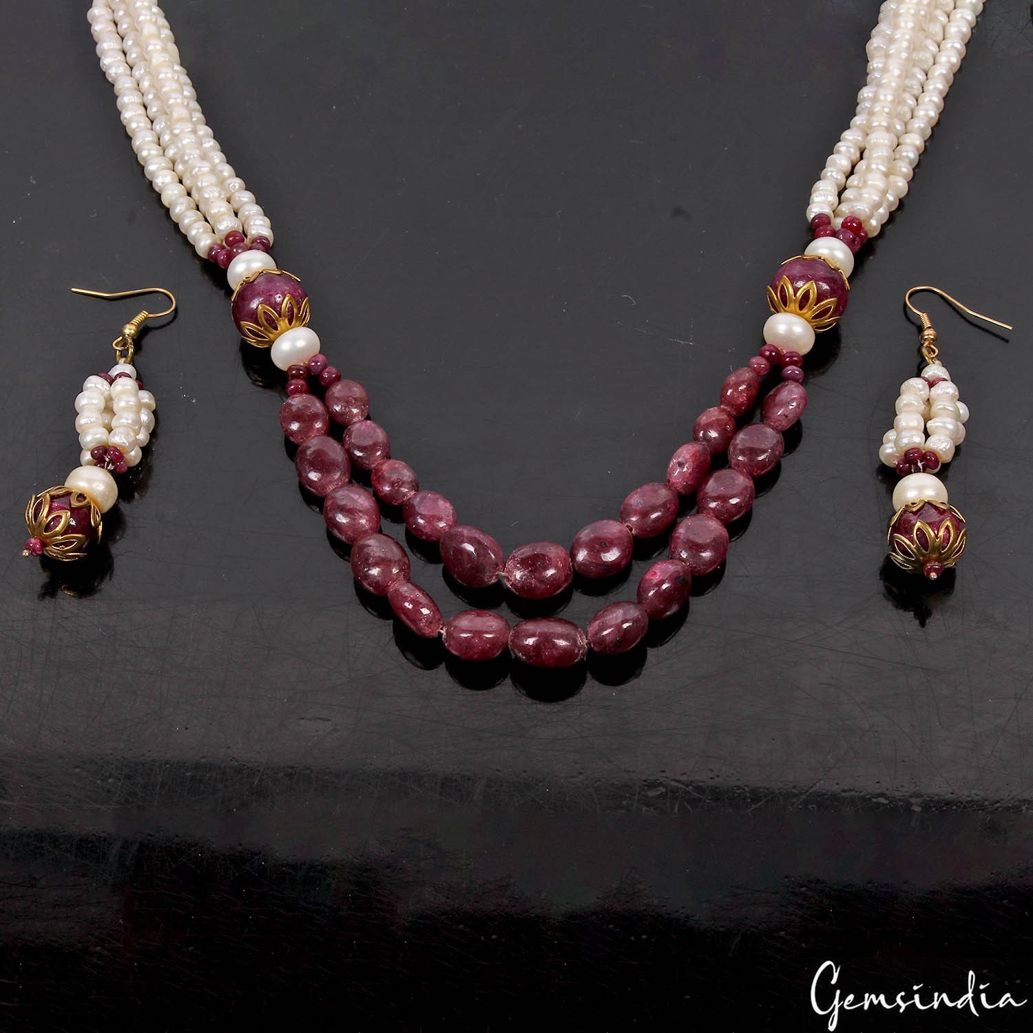 Handmade Natural Ruby Pearl Round Cabochon Gemstone Beaded Necklace Earrings~22″