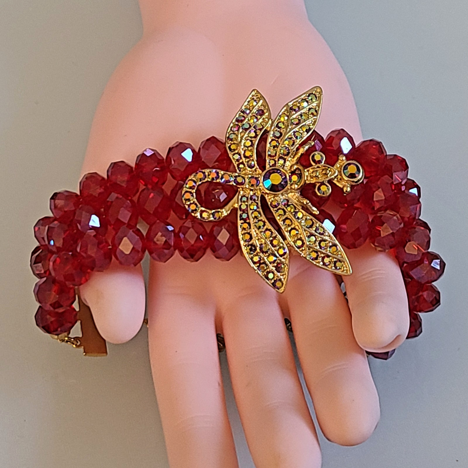 SALE Kirks Folly Dragonfly Desire 3 Strand Crystal Bracelet RUBY RED 9 IN WOW